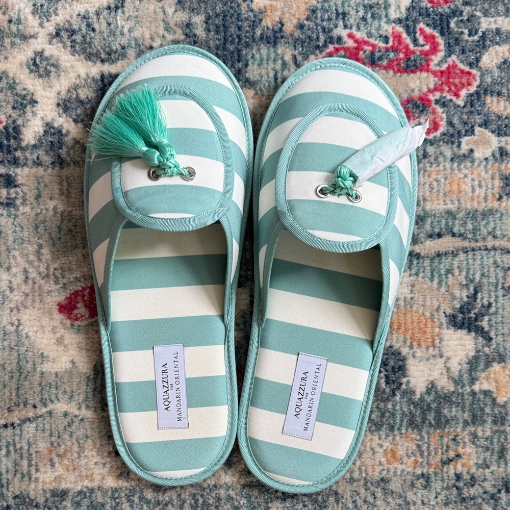 Aquazzura Mint and White Striped Slippers